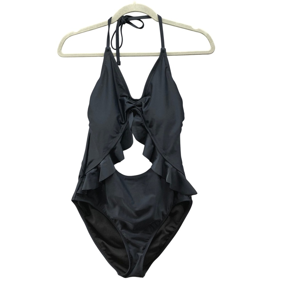 Bleu Ice Ruffle Cutout One Piece Swimsuit Womens M Black Padded Halter Tie‎